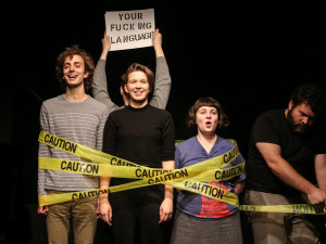 Performing "Watch Your Fucking Language," with Tyler Butterfield, Amy Langer, Olivia Kingsley, and Steven Westdahl, December 2014. (Photo by C. Bernsohn)